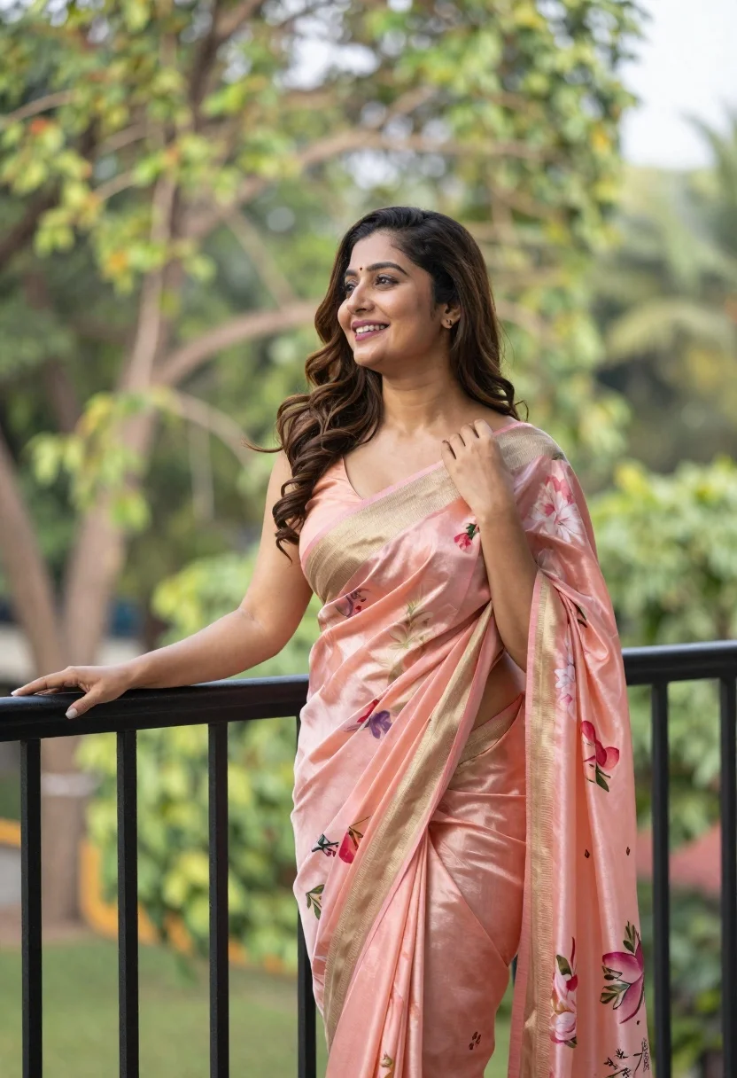 Woman Stands Gracefully Balcony Wearing Peach And Pink Silk Saree reference photo