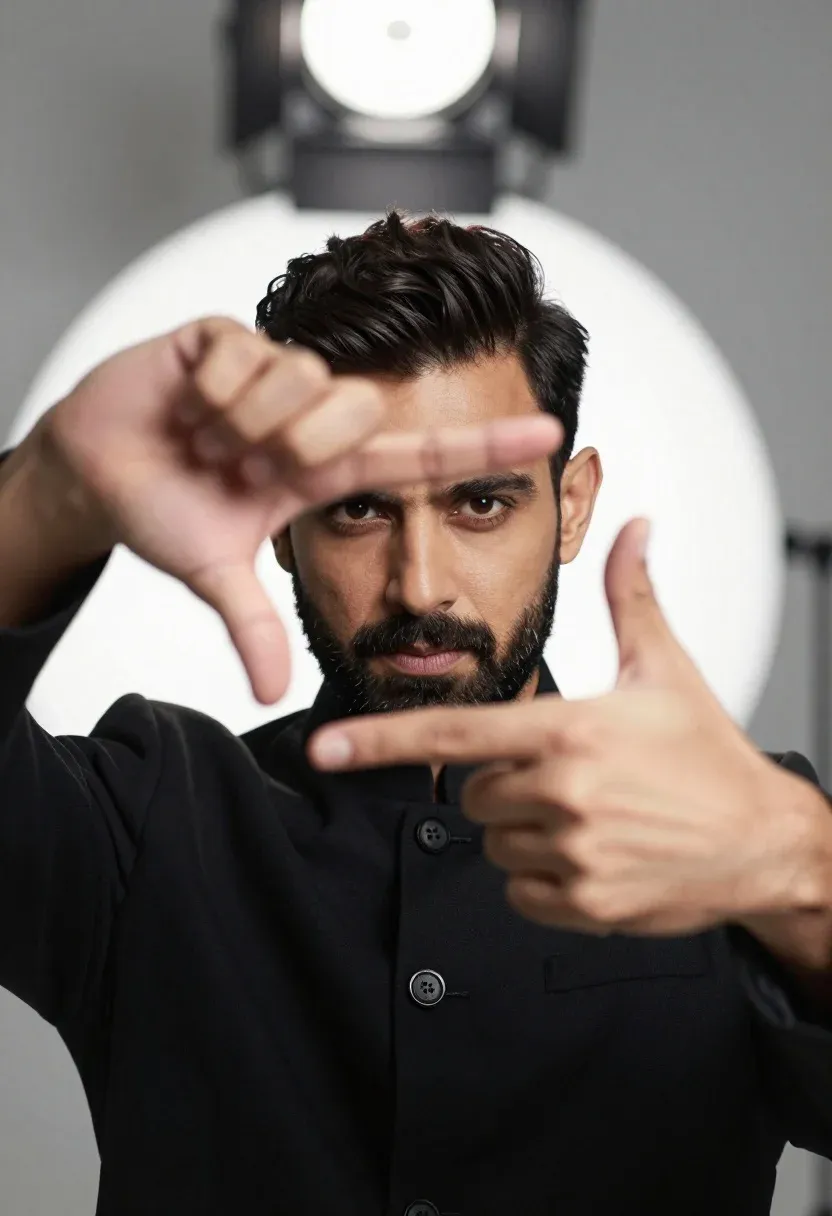 Man With Dark Hair And Beard Frames His Face With