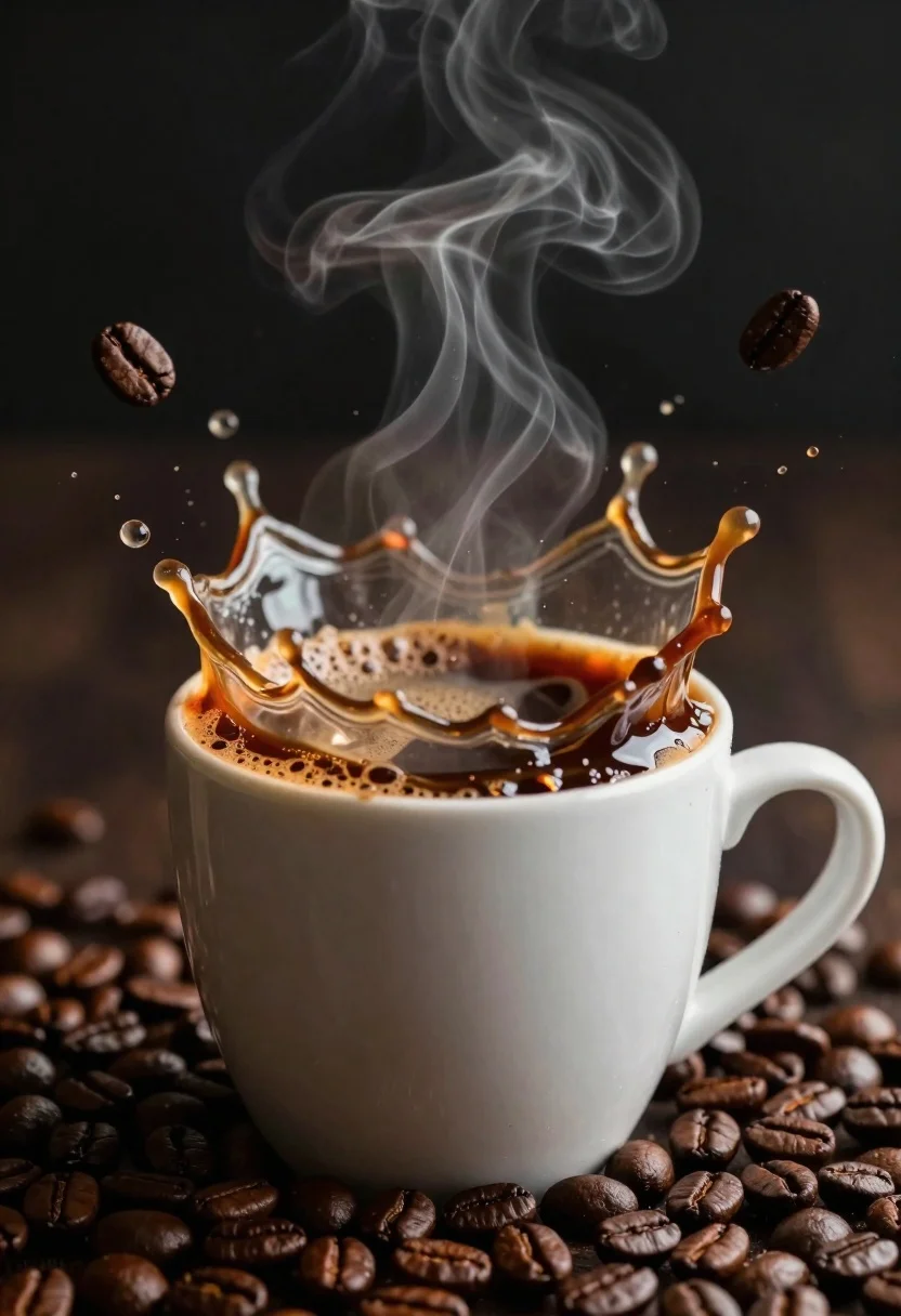 Dynamic Close-up White Ceramic Coffee Cup Overflowing With Splashing Liquid