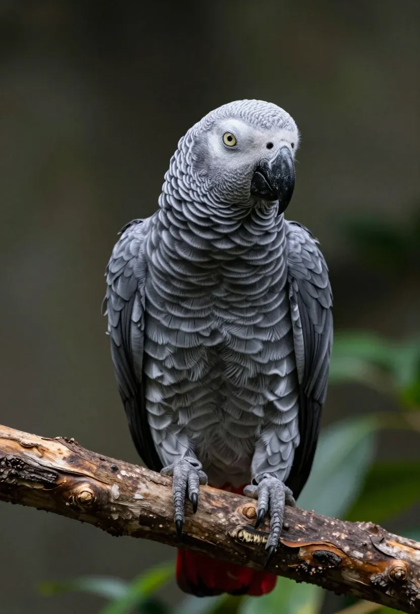 Majestic African Grey Parrot Perched Rough Wooden Branch Subject African
