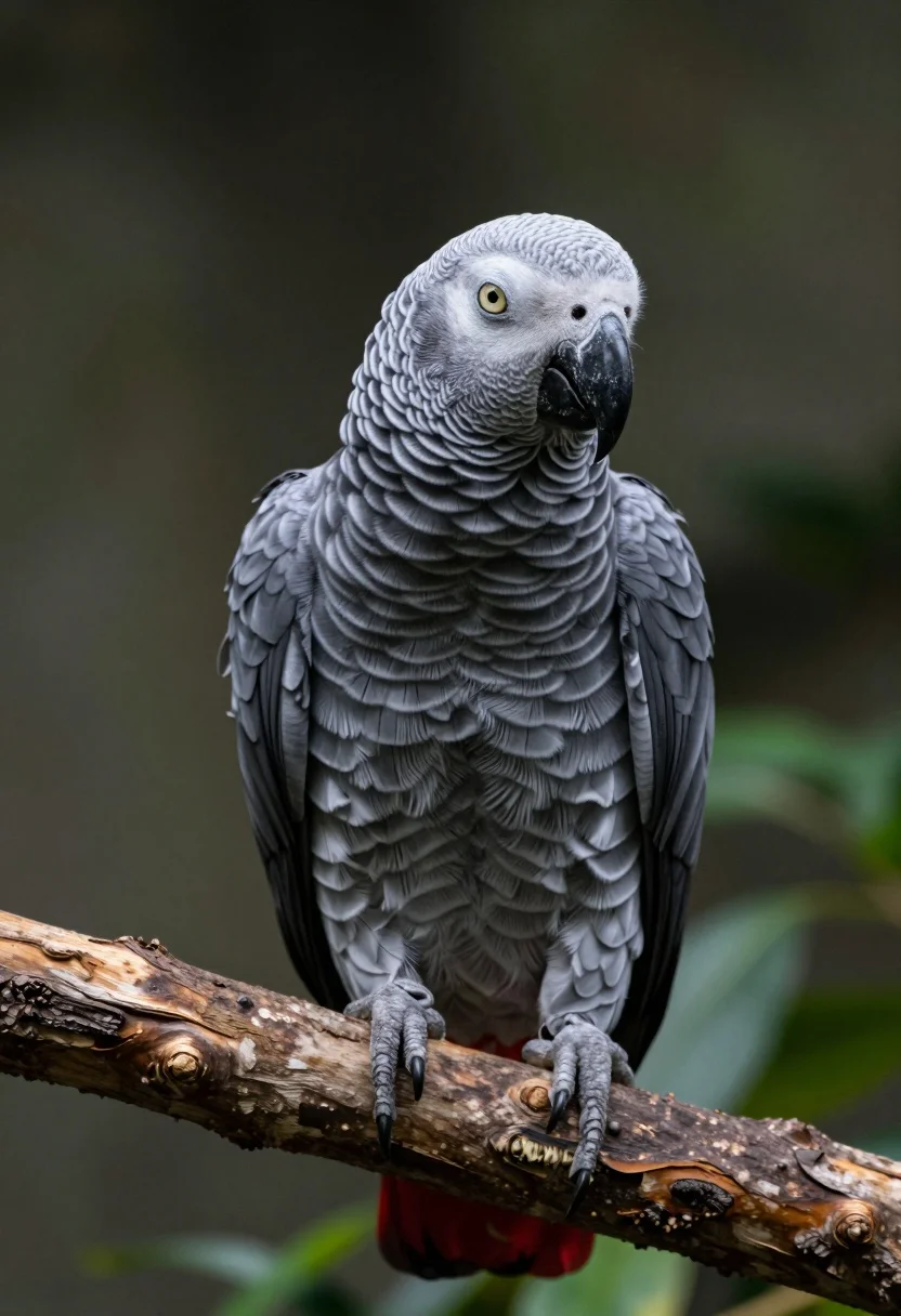 Majestic African Grey Parrot Perched Rough Wooden Branch Subject African