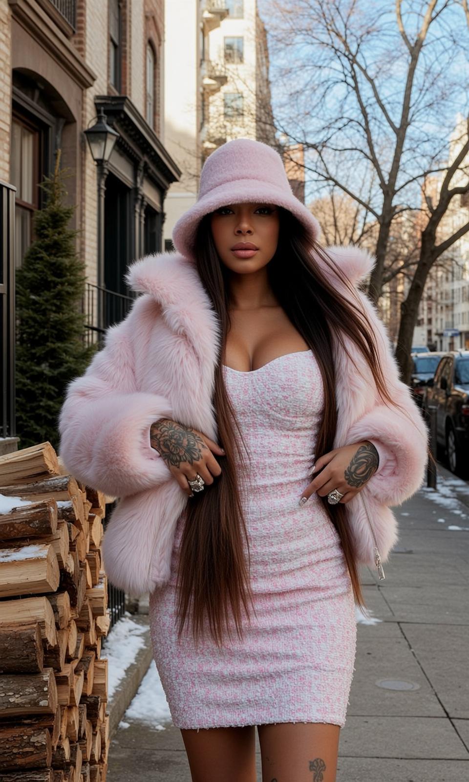 Pink Fur Coat Winter Street