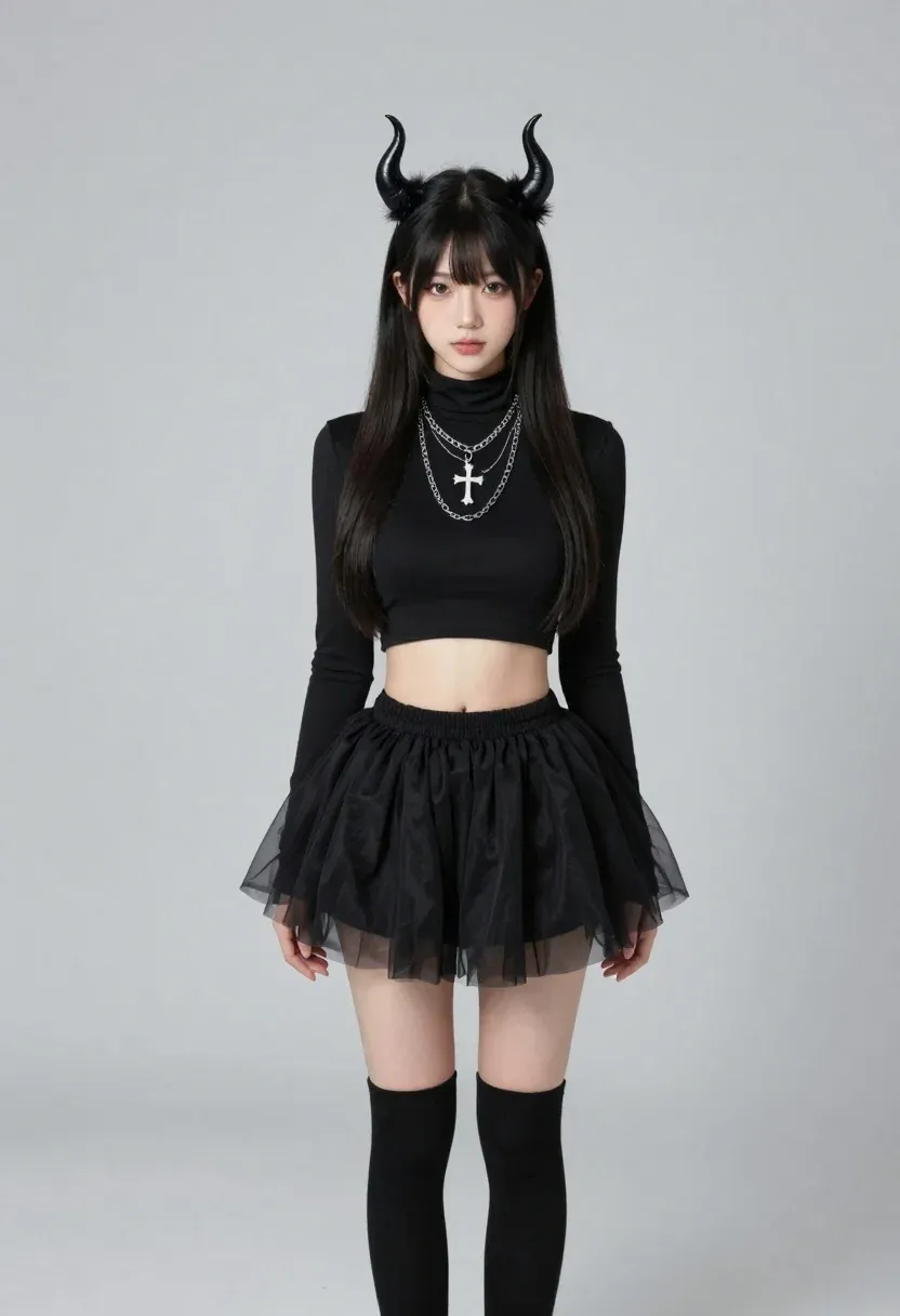 Full Body Studio Portrait Young Woman With Black Hair Devil