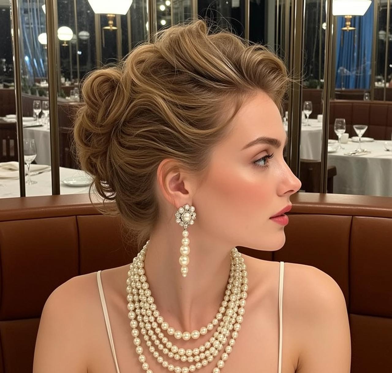 Woman In White Dress Upscale Restaurant Pearl Jewelry