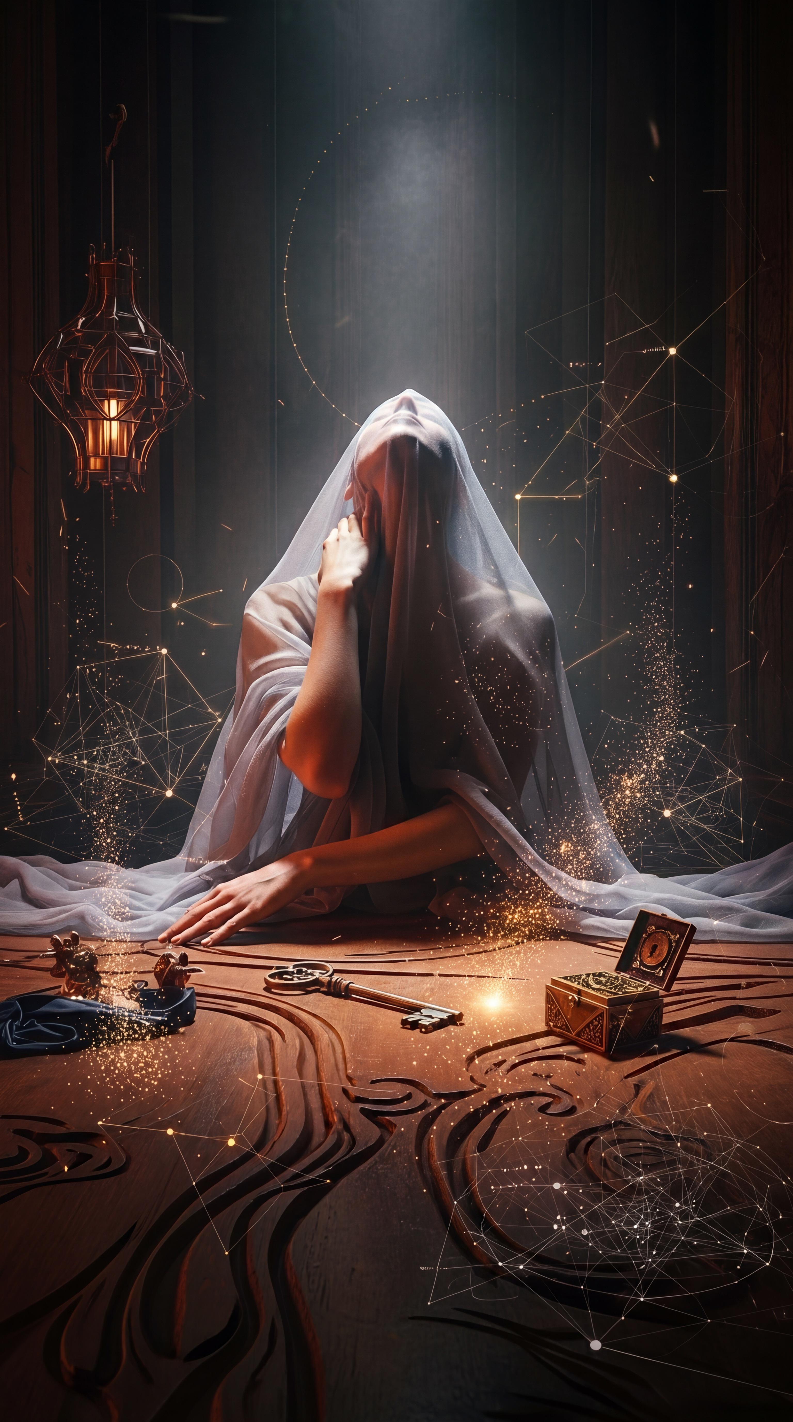 Cinematic Veiled Figure Cross Legged On Carved Floor Spotlight