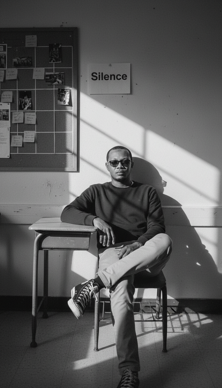 Young man in a high-contrast black and white portrait, leaning on a wooden chair in a classroom, sunlight casting dramatic shadows.