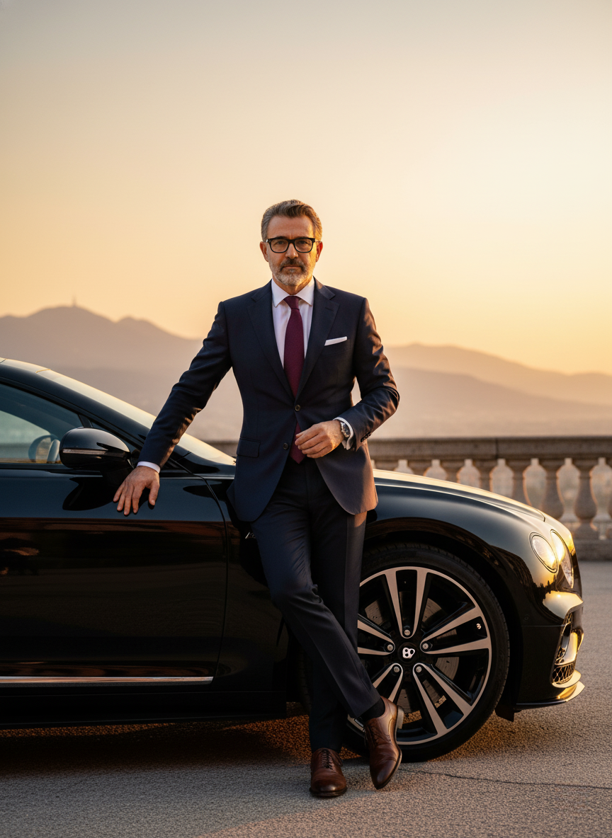 Homem elegante em terno azul-marinho encostado em carro esportivo preto durante o pôr do sol com céu dourado.