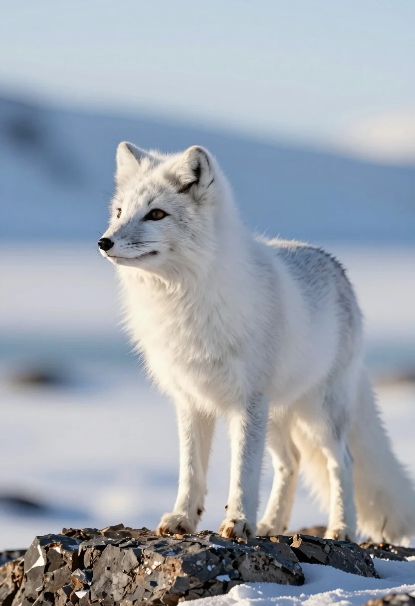 Majestic Arctic Fox Stands Alert Rocky Outcrop Snowy Landscape Subject