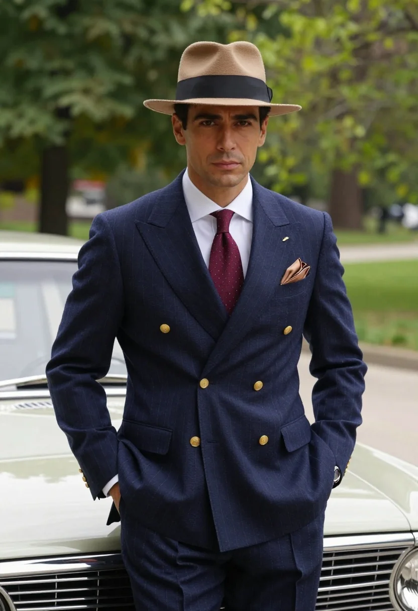Confident Man Vintage Setting Stands Leaning Against Classic Car With