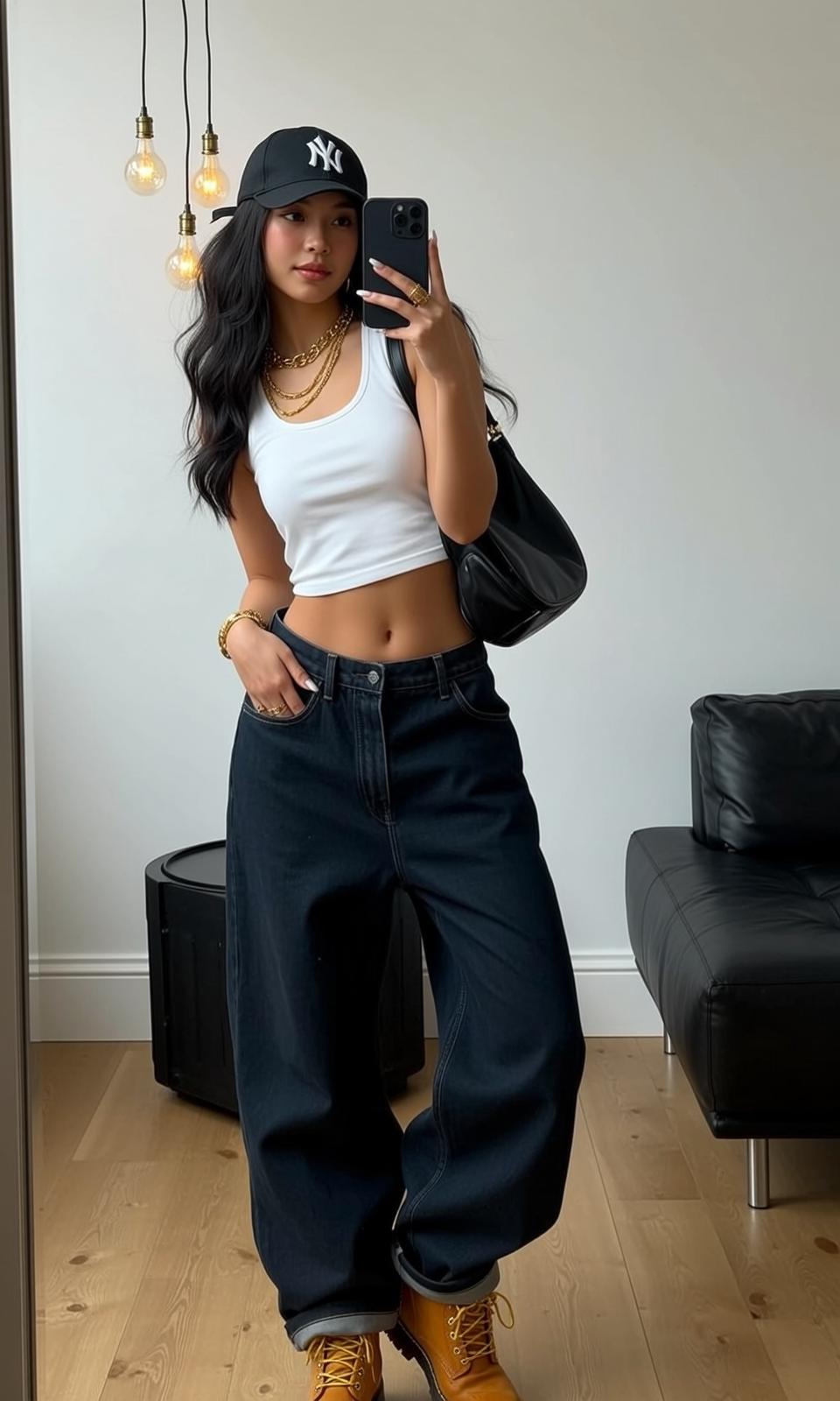 Asian Woman Studio White Tank Top Jeans Gold Jewelry
