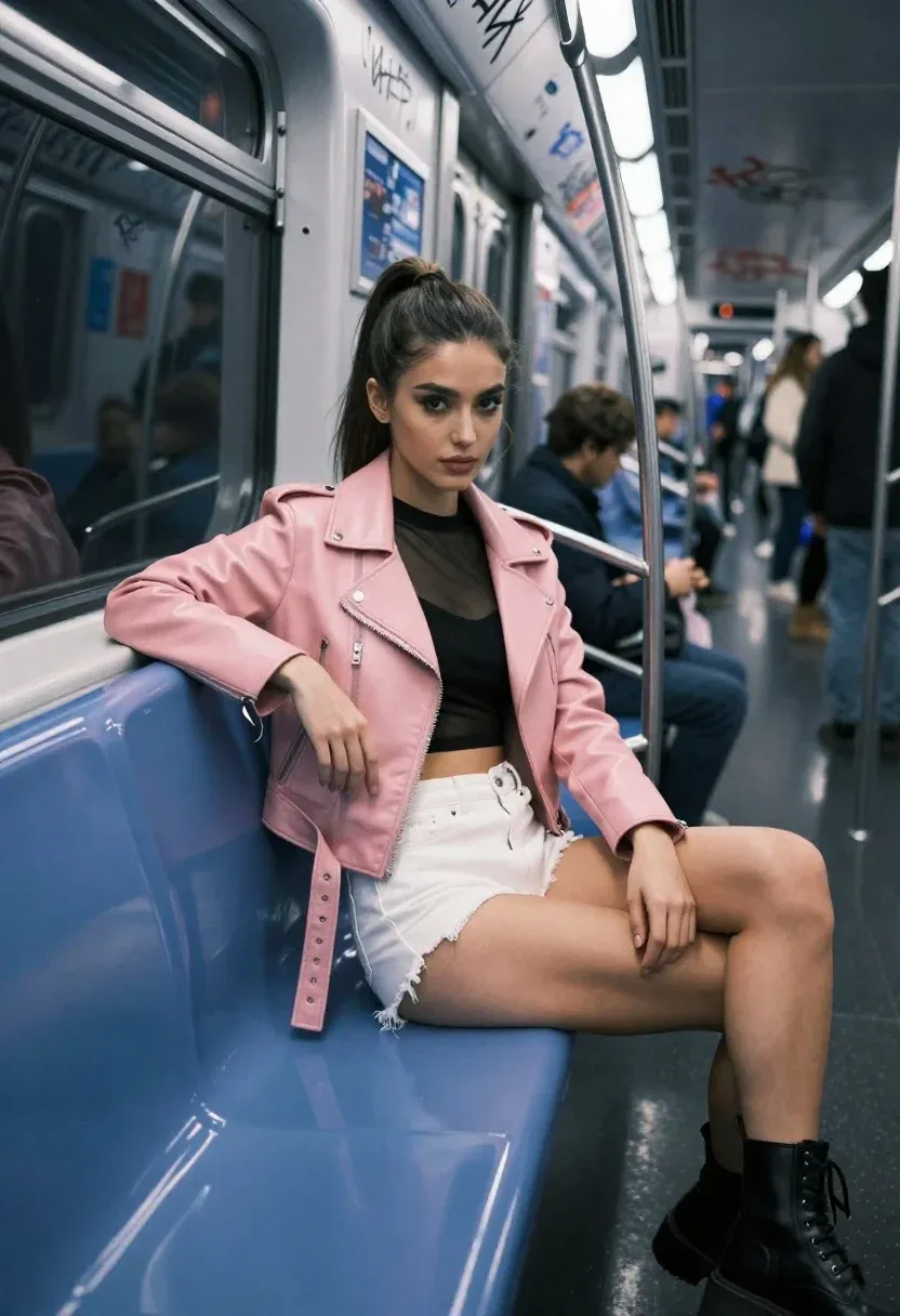 Young Woman With Dark Hair Tied Back Ponytail Sits Blue