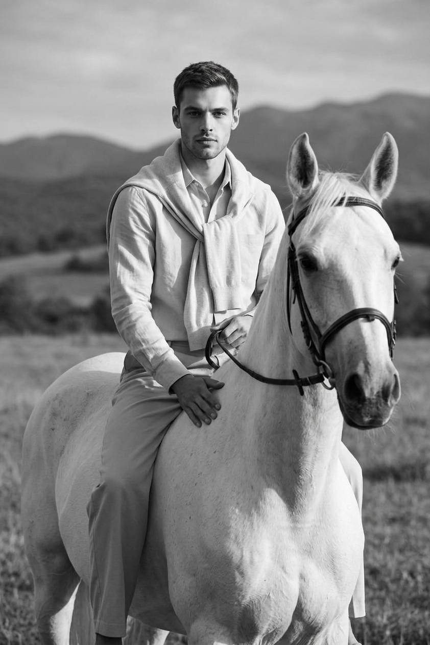 A man in light clothing sits on a white horse in a blurred, grassy field, captured in high contrast black and white.