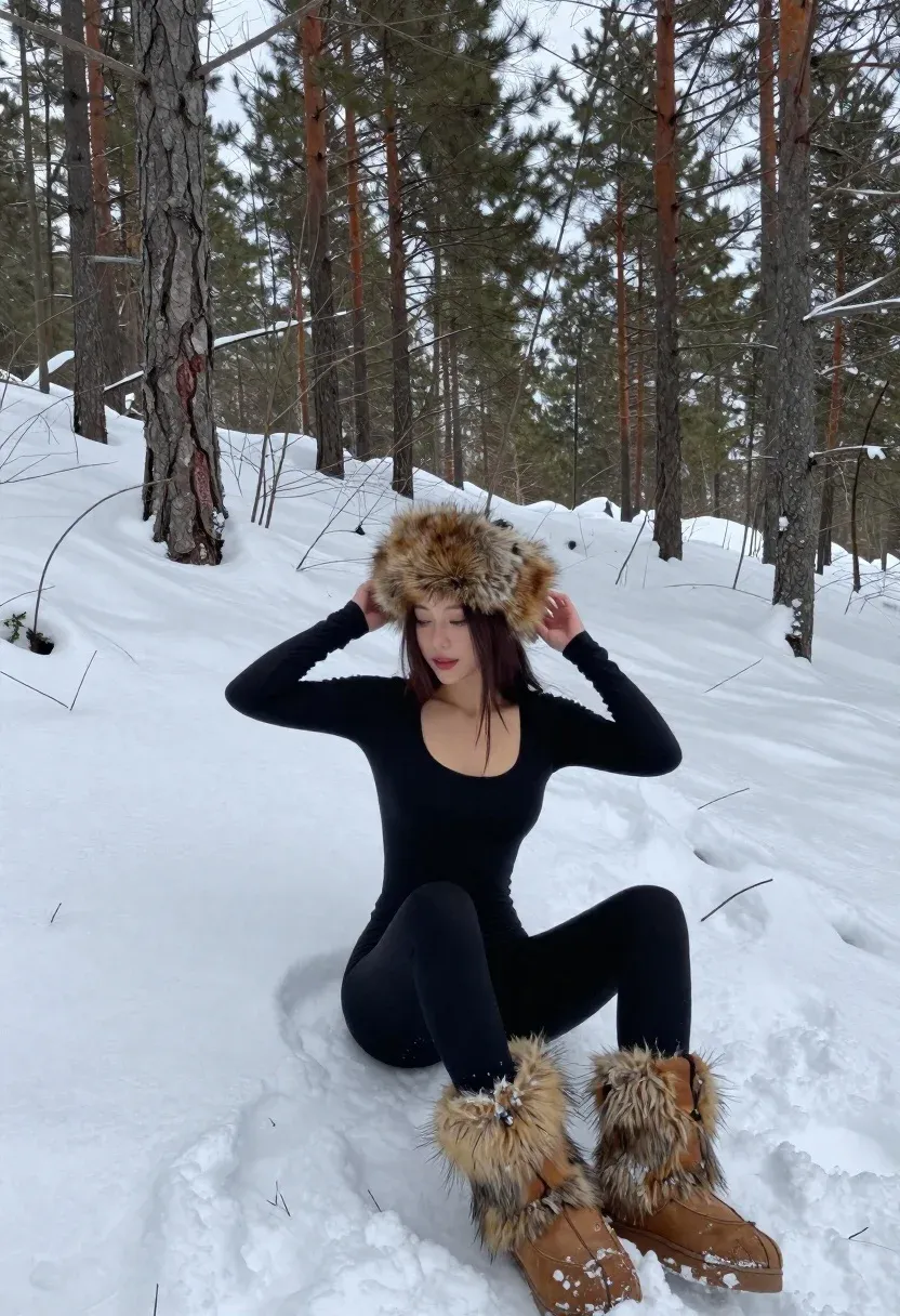 Woman Sits Deep Snow Within Pine Forest Adjusting Large Fur
