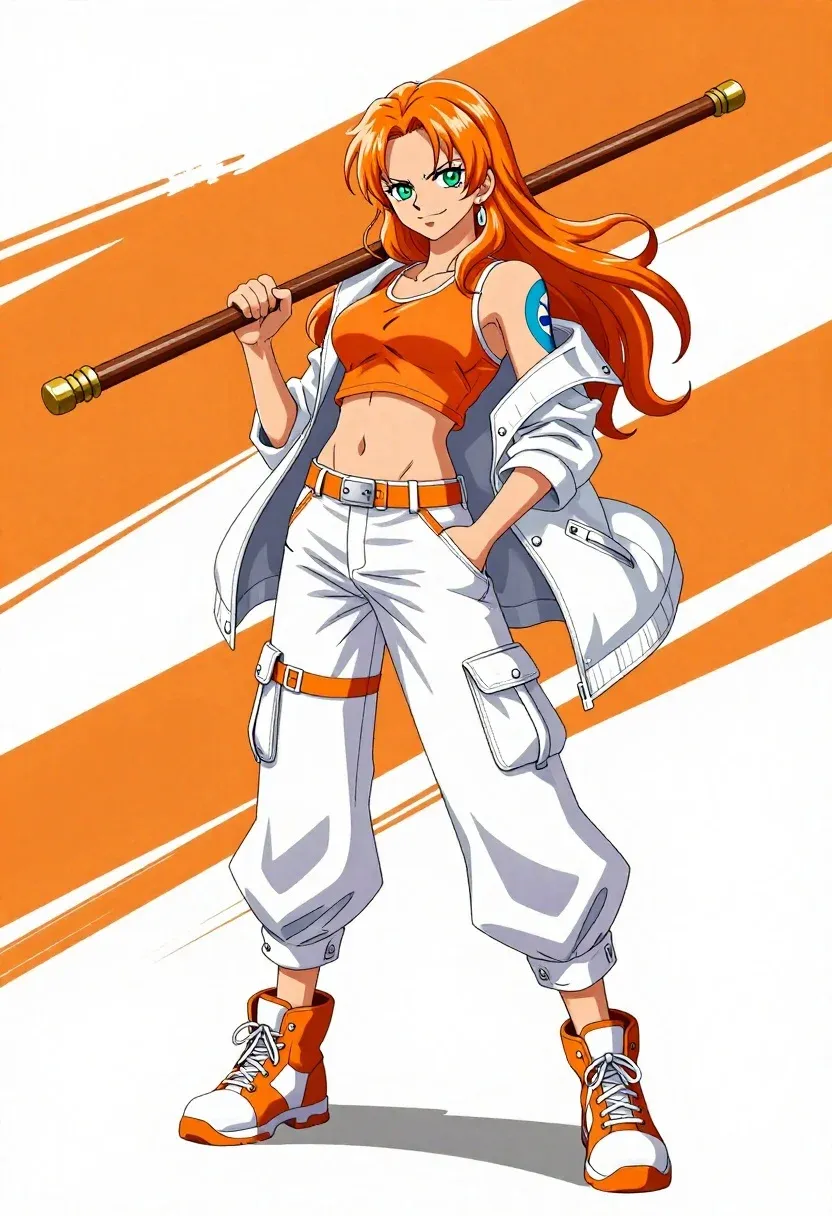 Confident Anime-style Woman With Long Orange Hair Stands Dynamic Pose