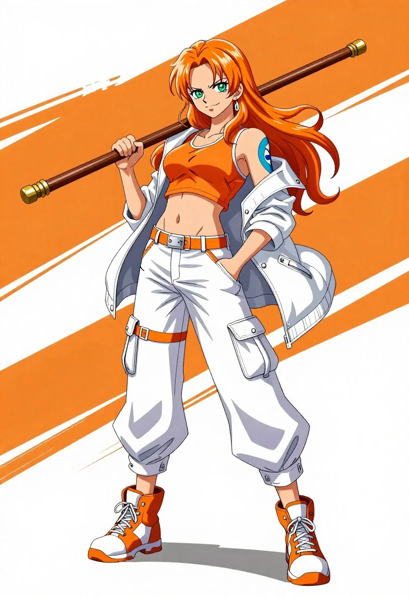 A confident anime-style woman with long orange hair in a dynamic pose holding a large wooden staff over her shoulder.