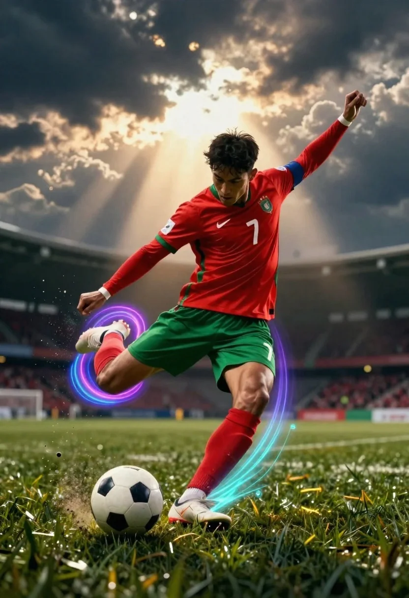 Dynamic Soccer Player Mid-kick Striking White Ball Grass Field With