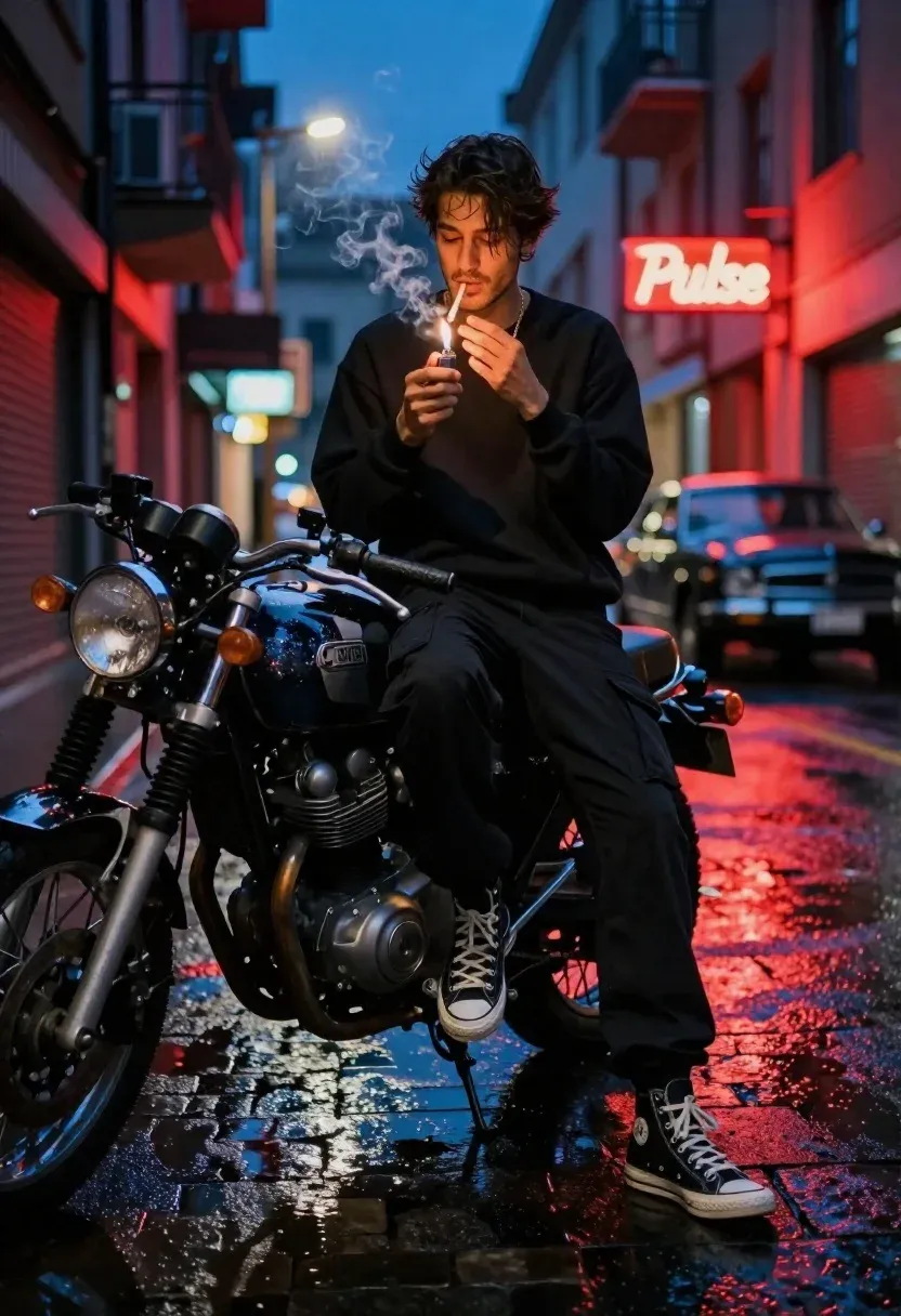 Young Man Sits Casually Vintage Motorcycle Wet Neon-lit City Street