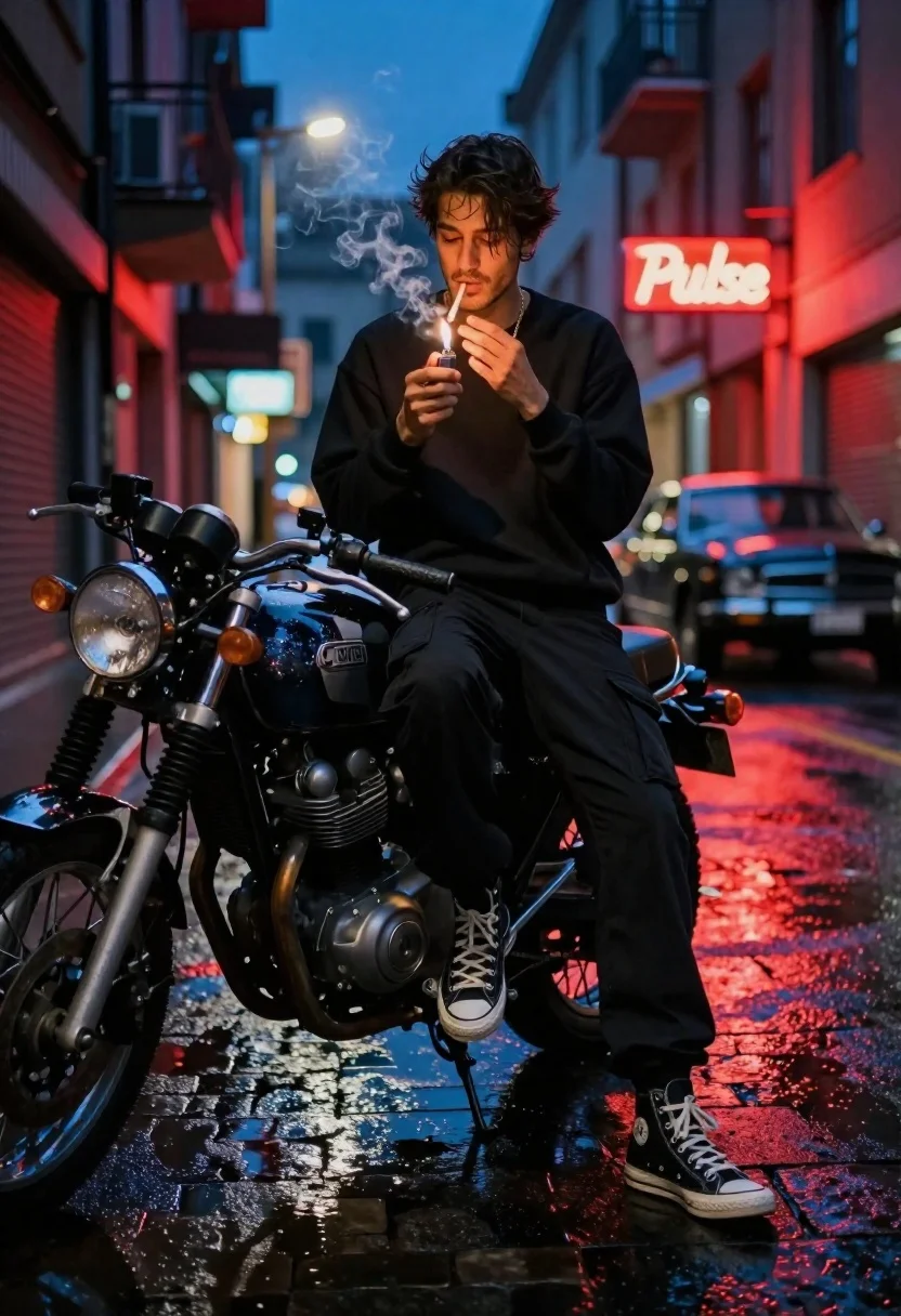 Young Man Sits Casually Vintage Motorcycle Wet Neon-lit City Street
