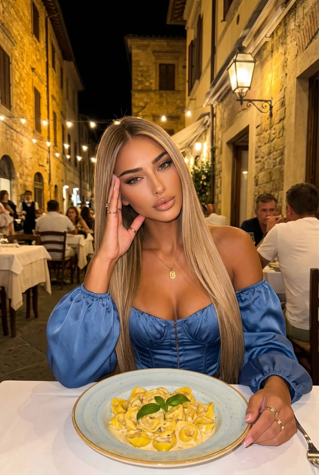 Blue Satin Top At Italian Restaurant Night
