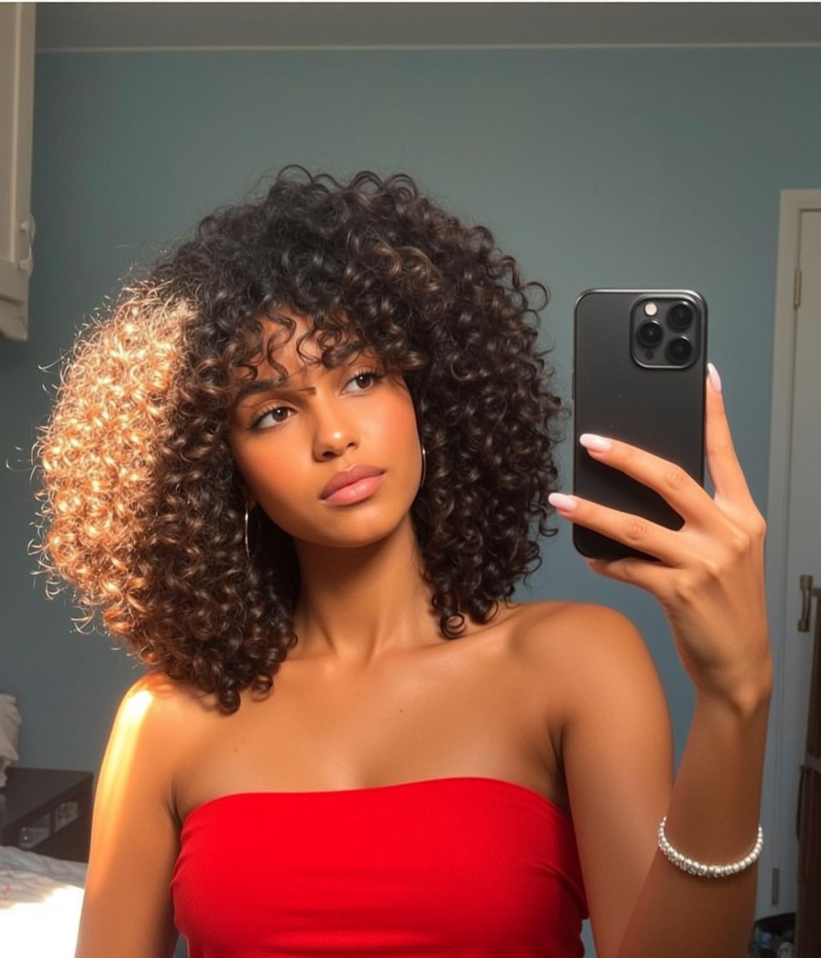 Young Woman Dark Curly Hair Red Top Bedroom Selfie