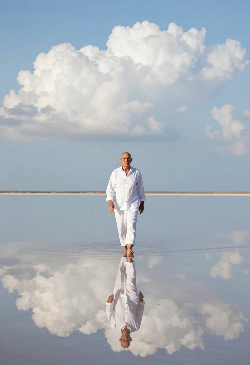 Serene Outdoor Scene Featuring Man Walking Across Perfectly Still Body reference photo