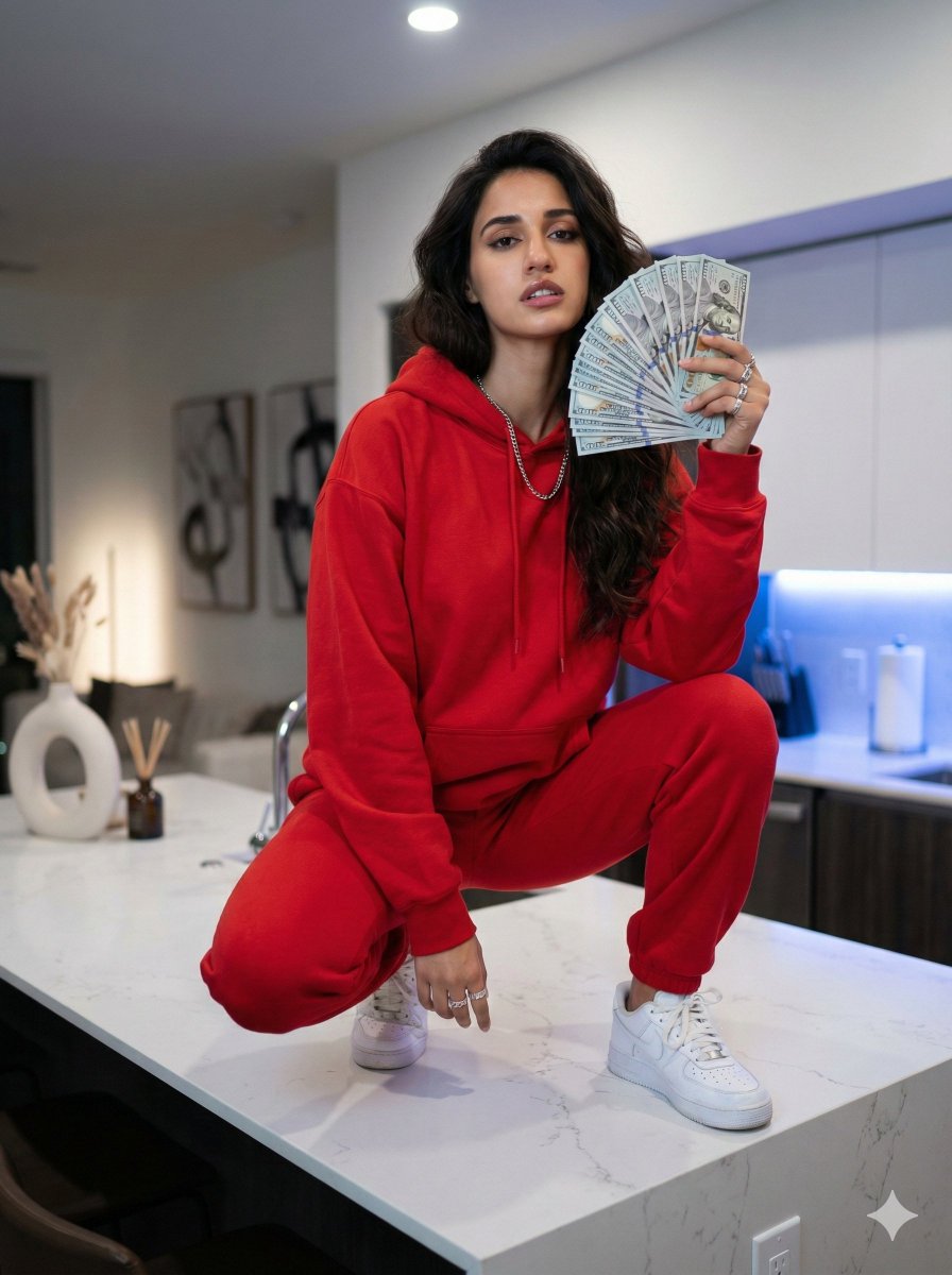A crouching subject on a white kitchen counter, dressed in an oversized red hoodie and sweatpants, confidently holding US $100 bills.
