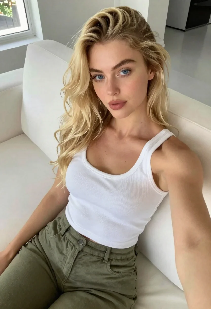 Young Woman With Long Blonde Hair Sits White Sofa Bright reference photo