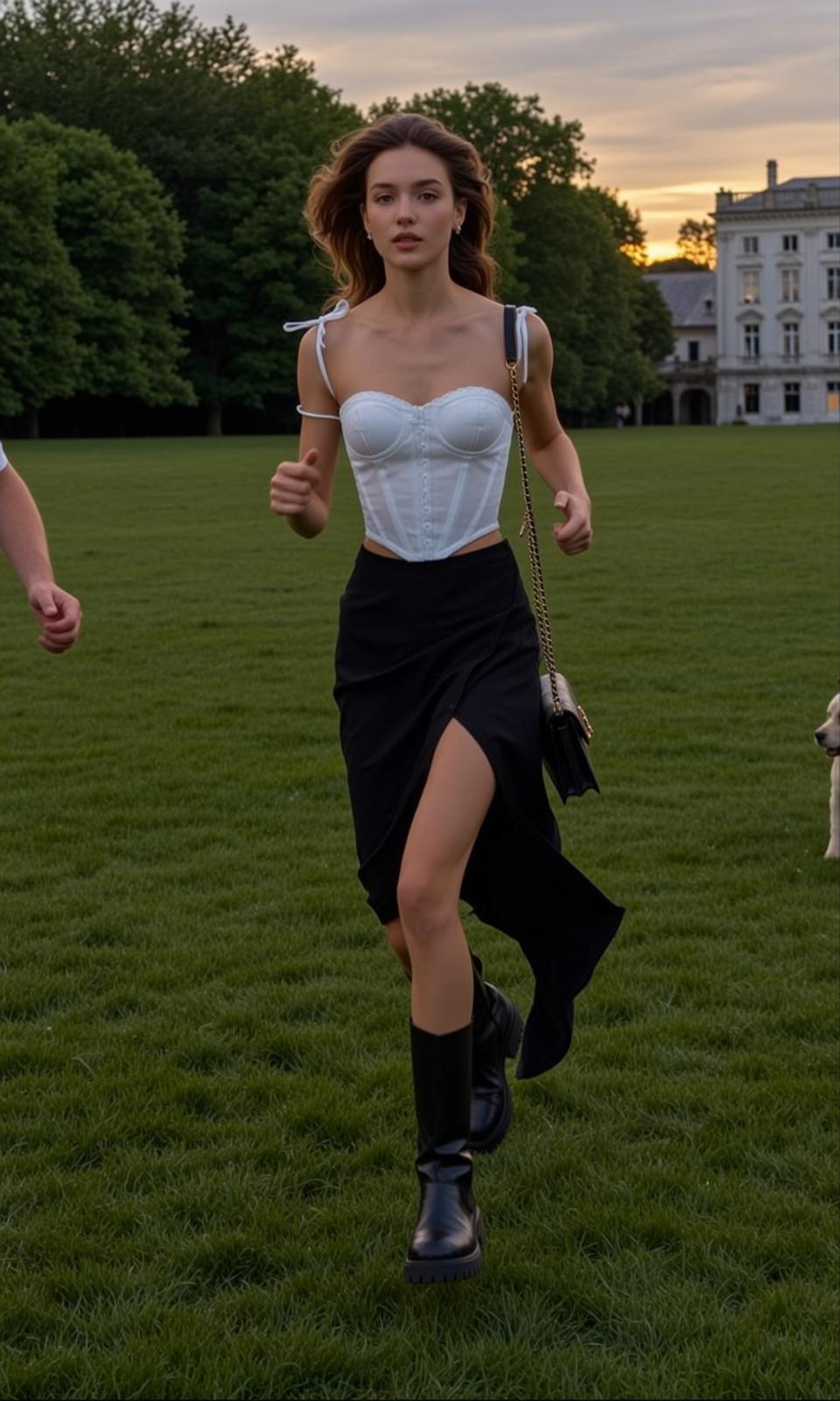Coquettecore Captured Dynamic Mid-stride Pose Running Grassy