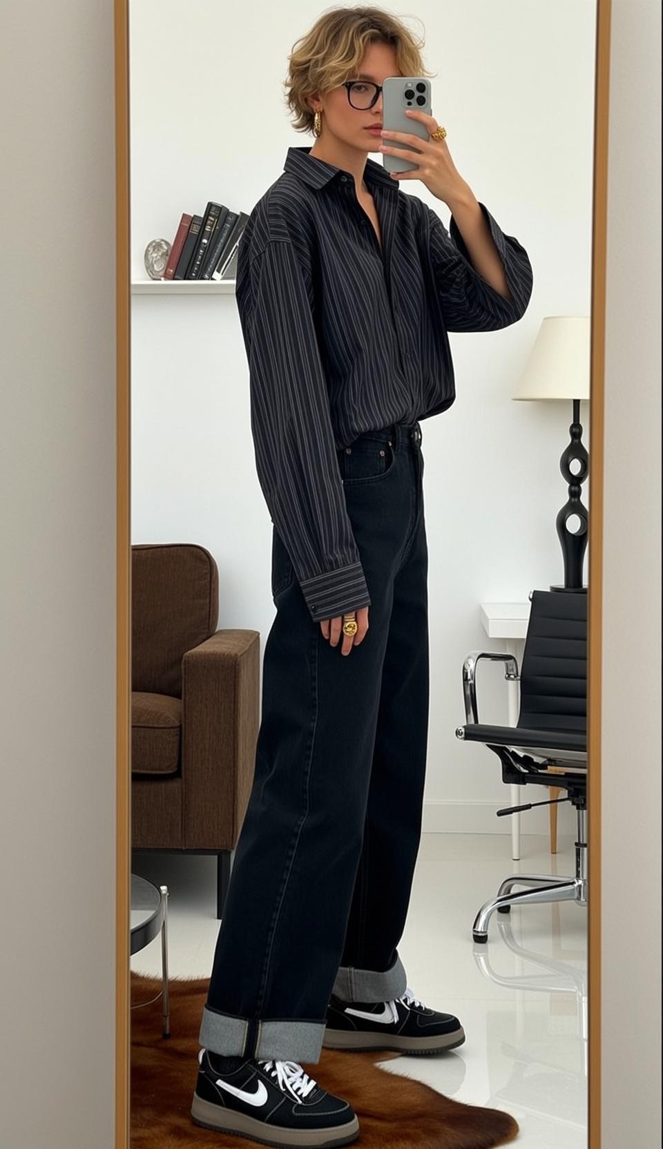 Grey Oversized Wavy Hair Indoors Standing
