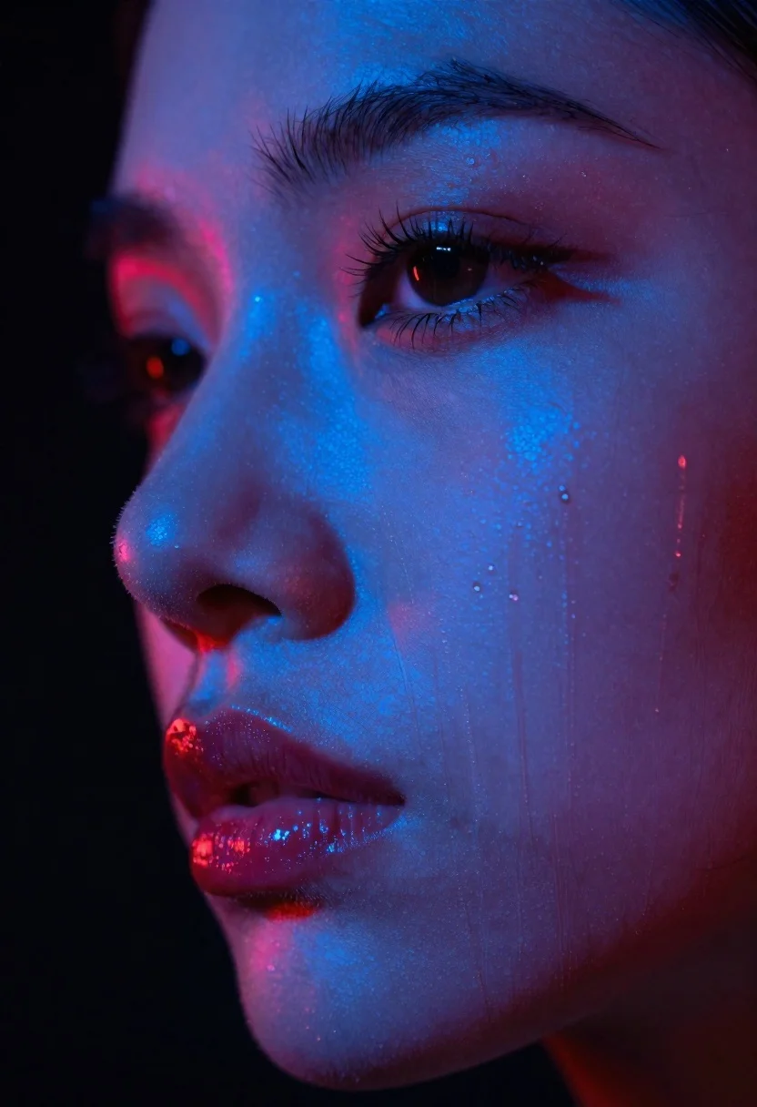 Extreme Close-up Portrait Woman Face Profile Against Pure Black Background reference photo