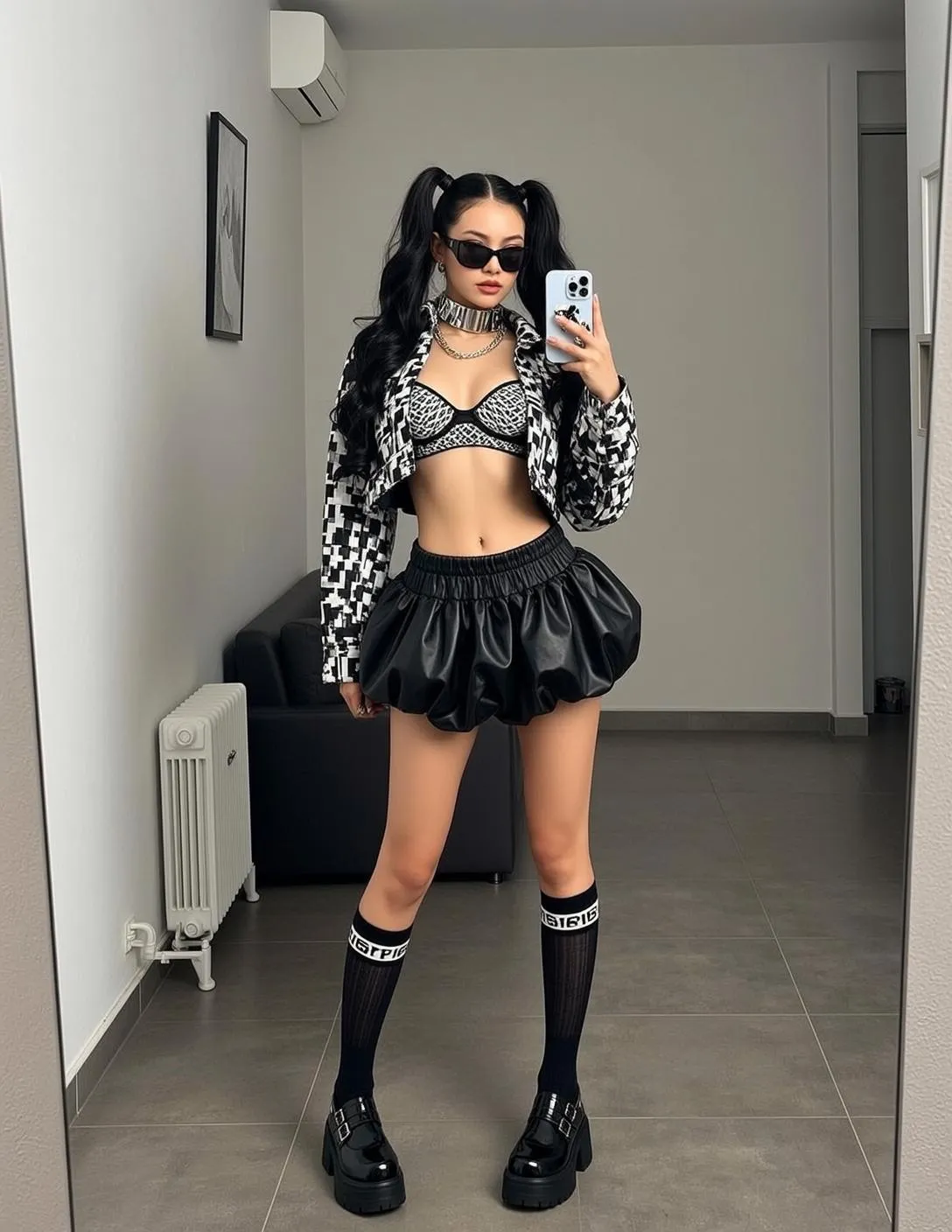 Girl Mirror Selfie Checkered Jacket Bubble Skirt