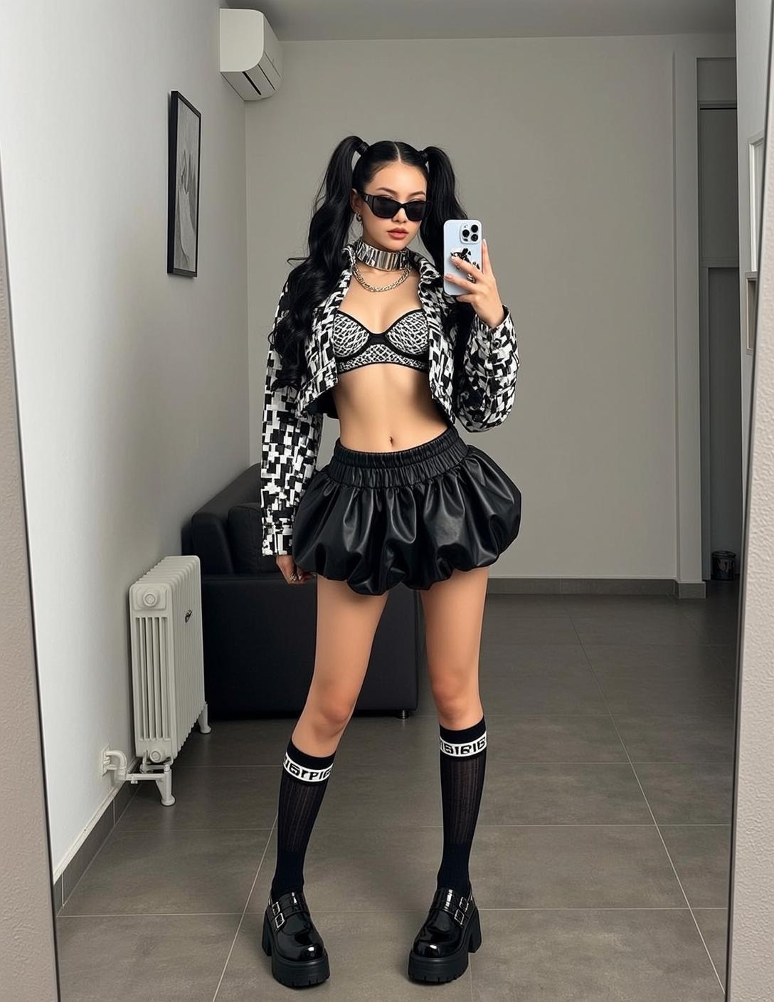 Girl Mirror Selfie Checkered Jacket Bubble Skirt