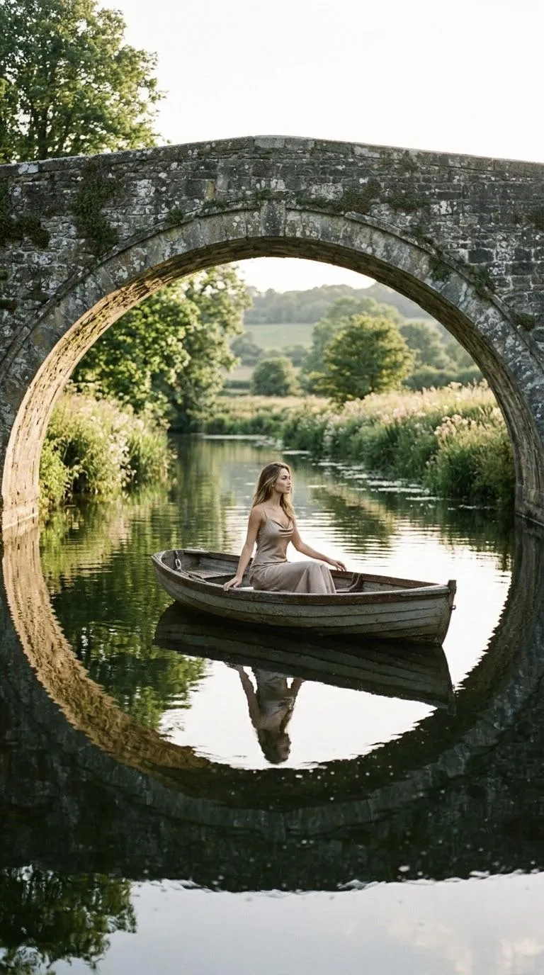 Champagne Slip Dress In Rowboat Under Stone Bridge