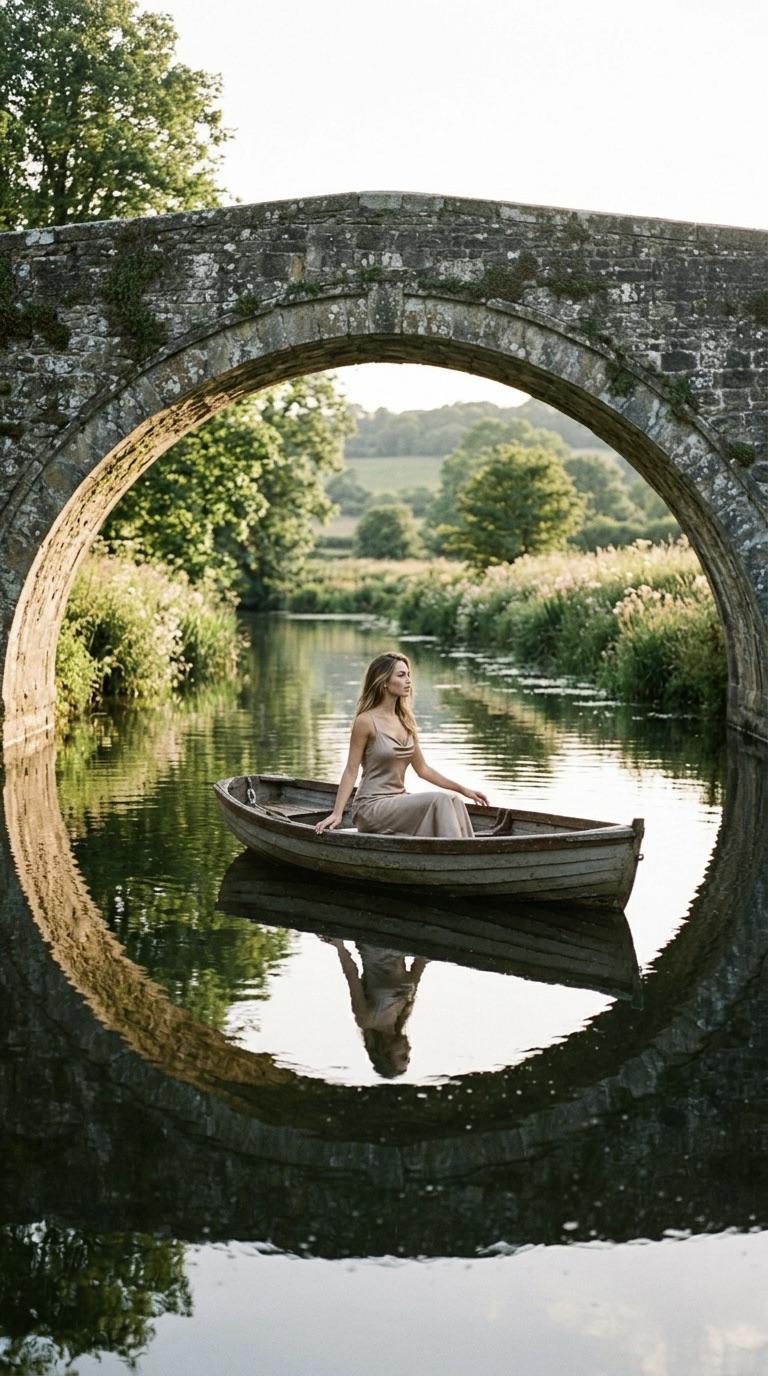 Champagne Slip Dress In Rowboat Under Stone Bridge