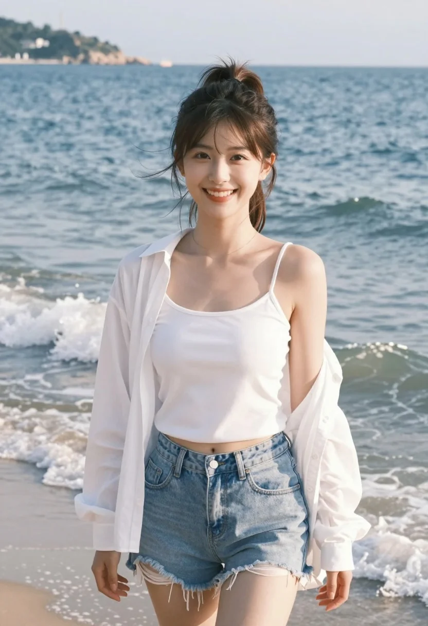 Young Woman Stands Smiling The Camera Sunlit Beach With Gentle