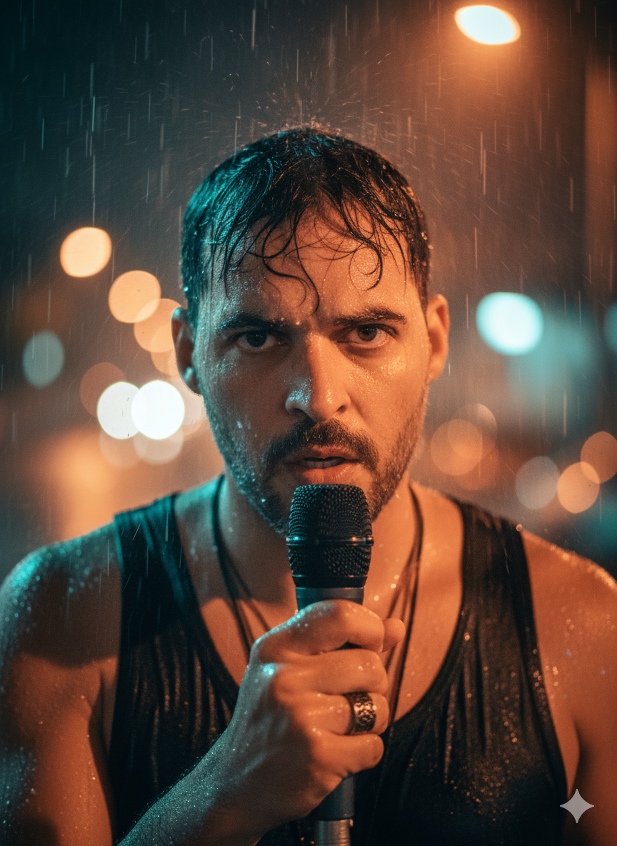 Cantor molhado cantando na chuva, com expressão intensa, microfone em mãos e fundo urbano desfocado