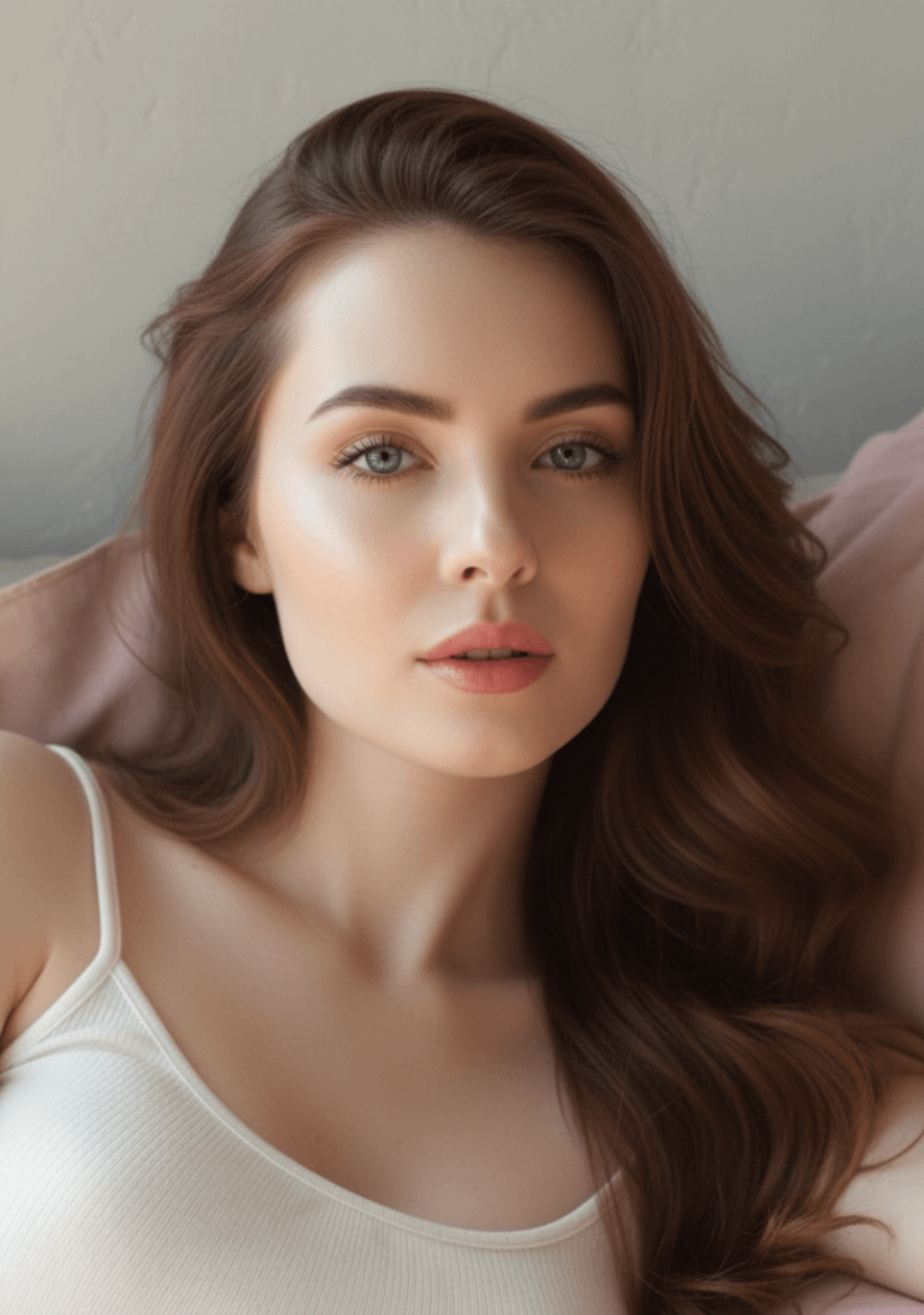 Face With Wavy Brown Hair White Tank Top Soft Background