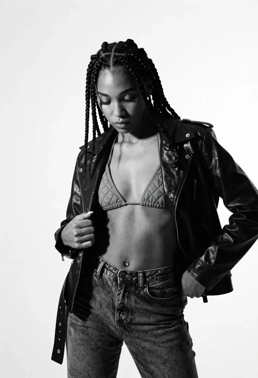 High-contrast Black And White Studio Portrait Woman With Long Braided