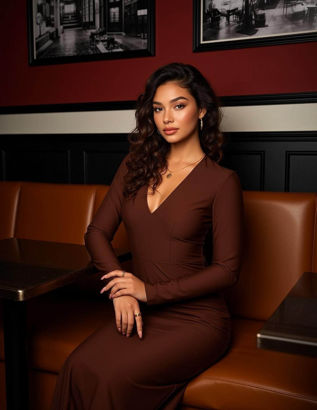Explore Seated Leather Booth Facing Slightly Her