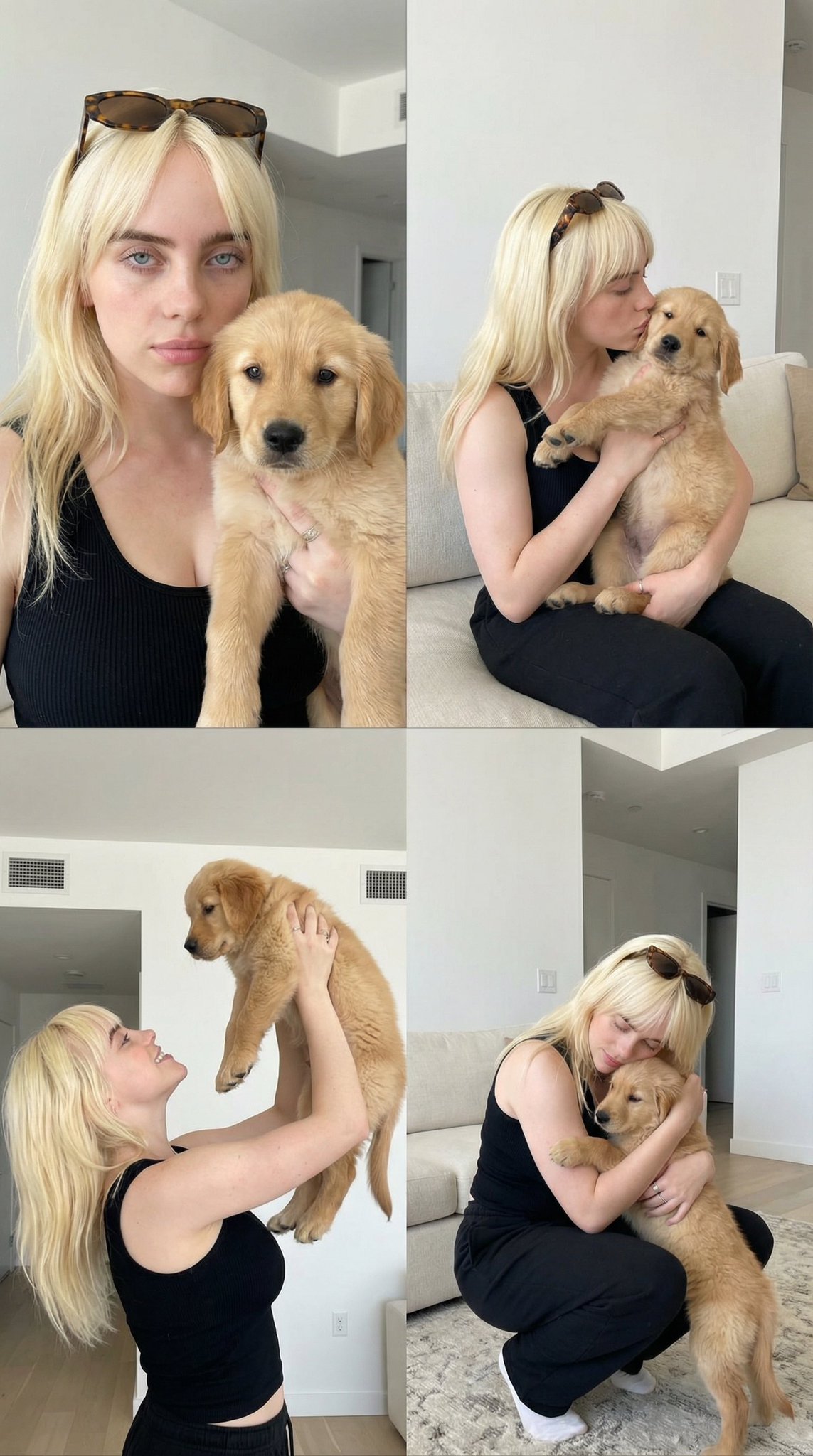 Young woman with blonde hair holding a golden retriever puppy in a modern apartment.