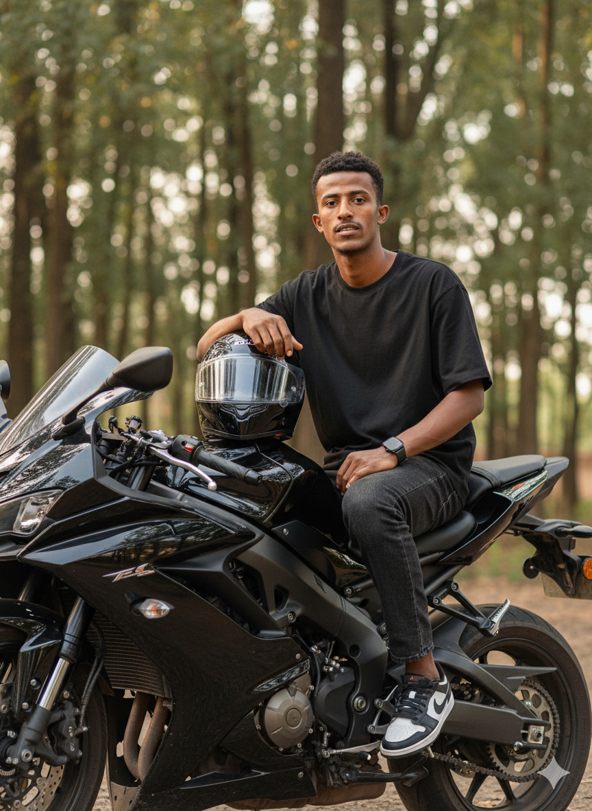 Ultra-realistic portrait of Gadi dev sitting on a shiny black sports motorcycle against green trees, exuding a confident demeanor.