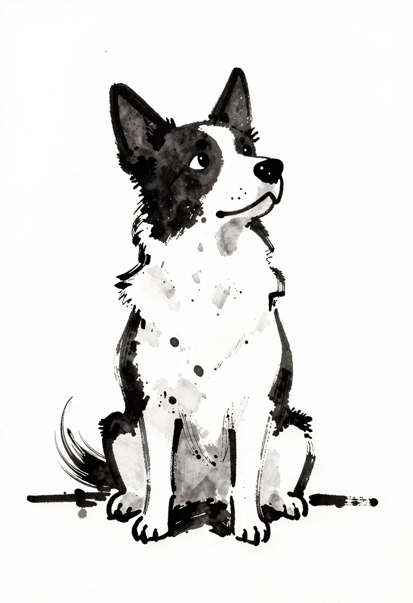Ink Wash Sketch White Paper Featuring Stylized Sitting Dog With