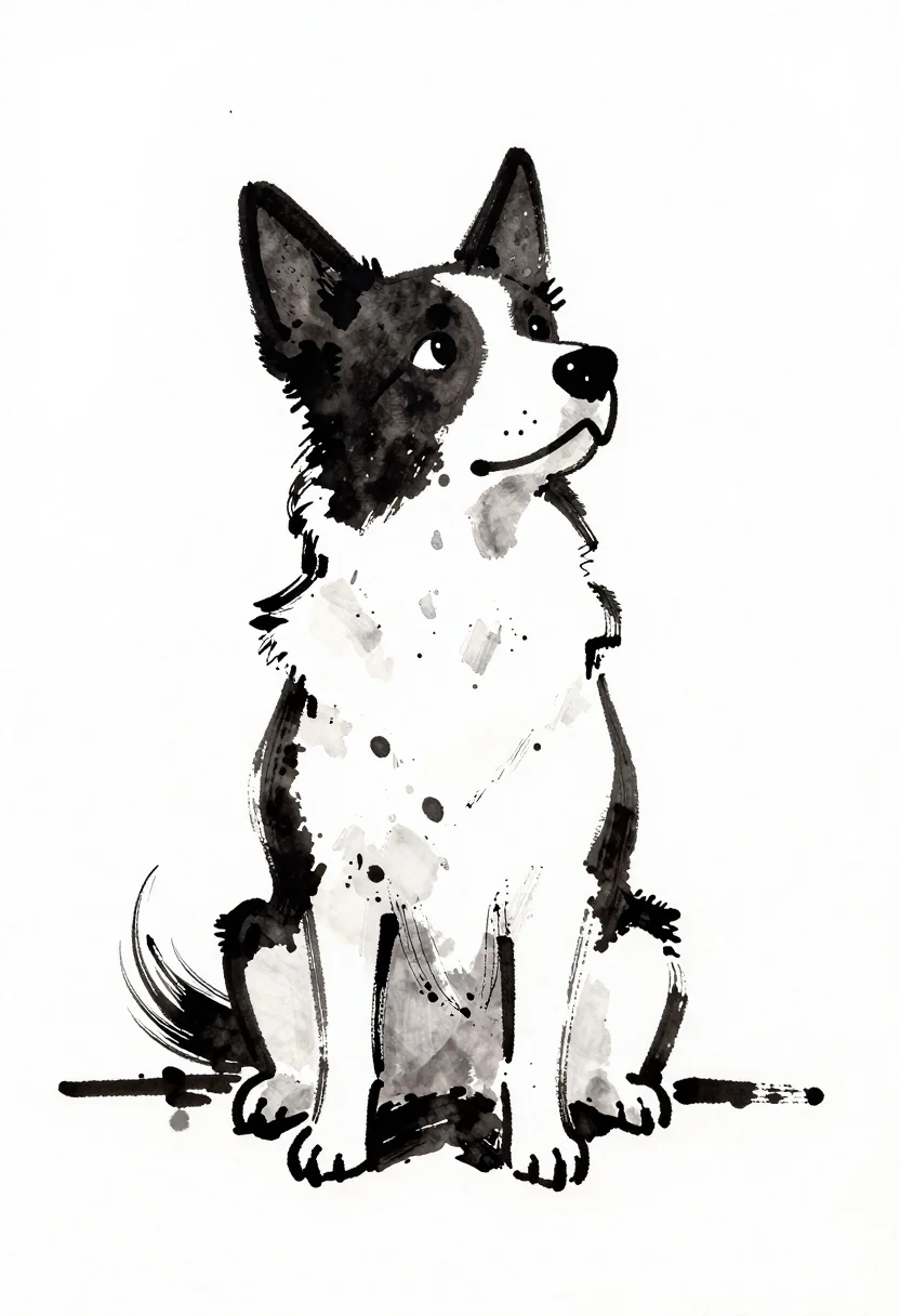 Ink Wash Sketch White Paper Featuring Stylized Sitting Dog With reference photo