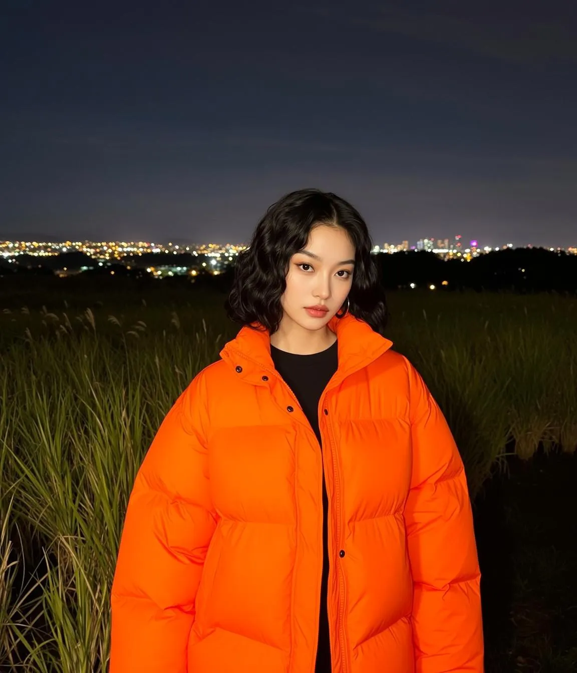 Makeup And Earrings With Orange Jacket