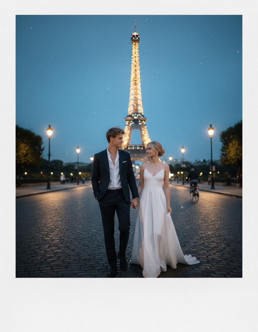 A couple walking hand in hand on a cobblestone street at blue hour, with the Eiffel Tower glowing in the background.