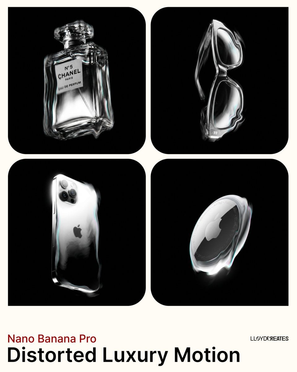 An avant-garde luxury product captured with surreal fluid distortion effects against a pure black background.