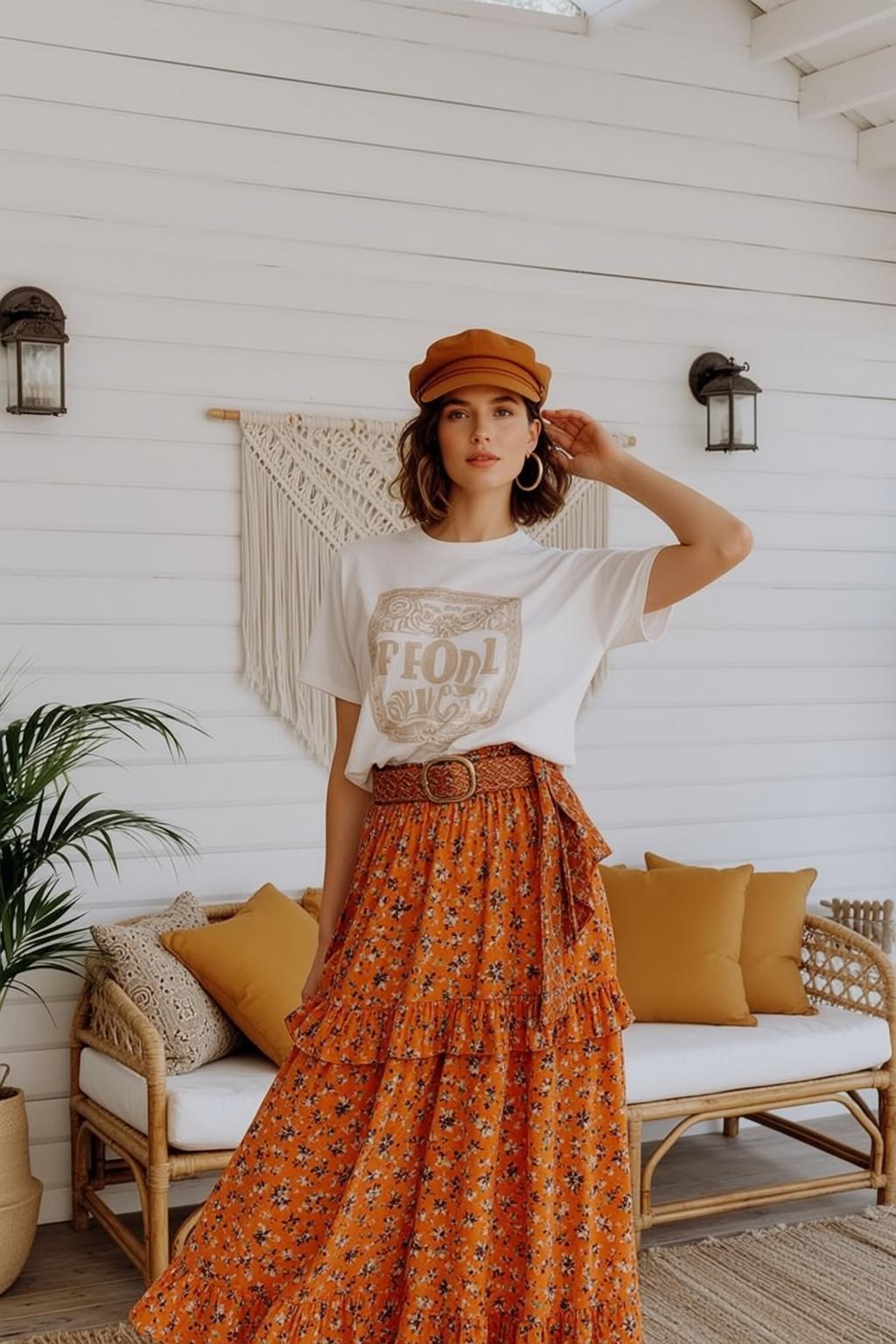 Bohemian Porch Woman Brown Cap Floral Skirt