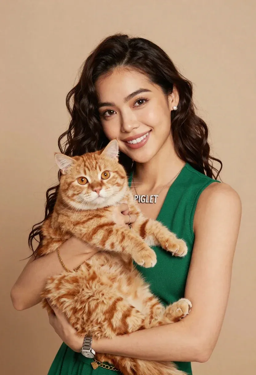 Smiling Woman With Long Dark Wavy Hair Holds Fluffy Ginger