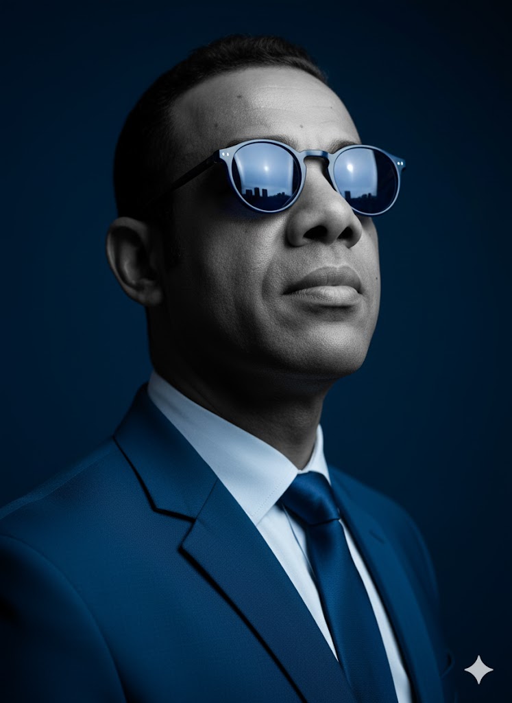 A mid-aged man in a dark blue suit and glasses, with an expressive face, standing against a soft blue background.
