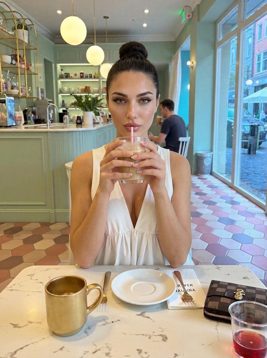 White V Neck Top At Marble Cafe Table